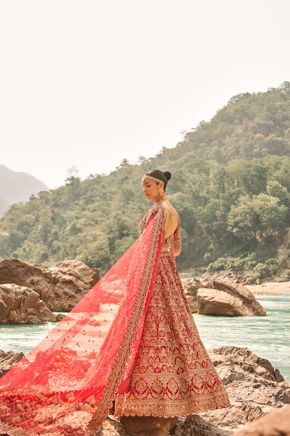 Flame Red Heritage Lehenga