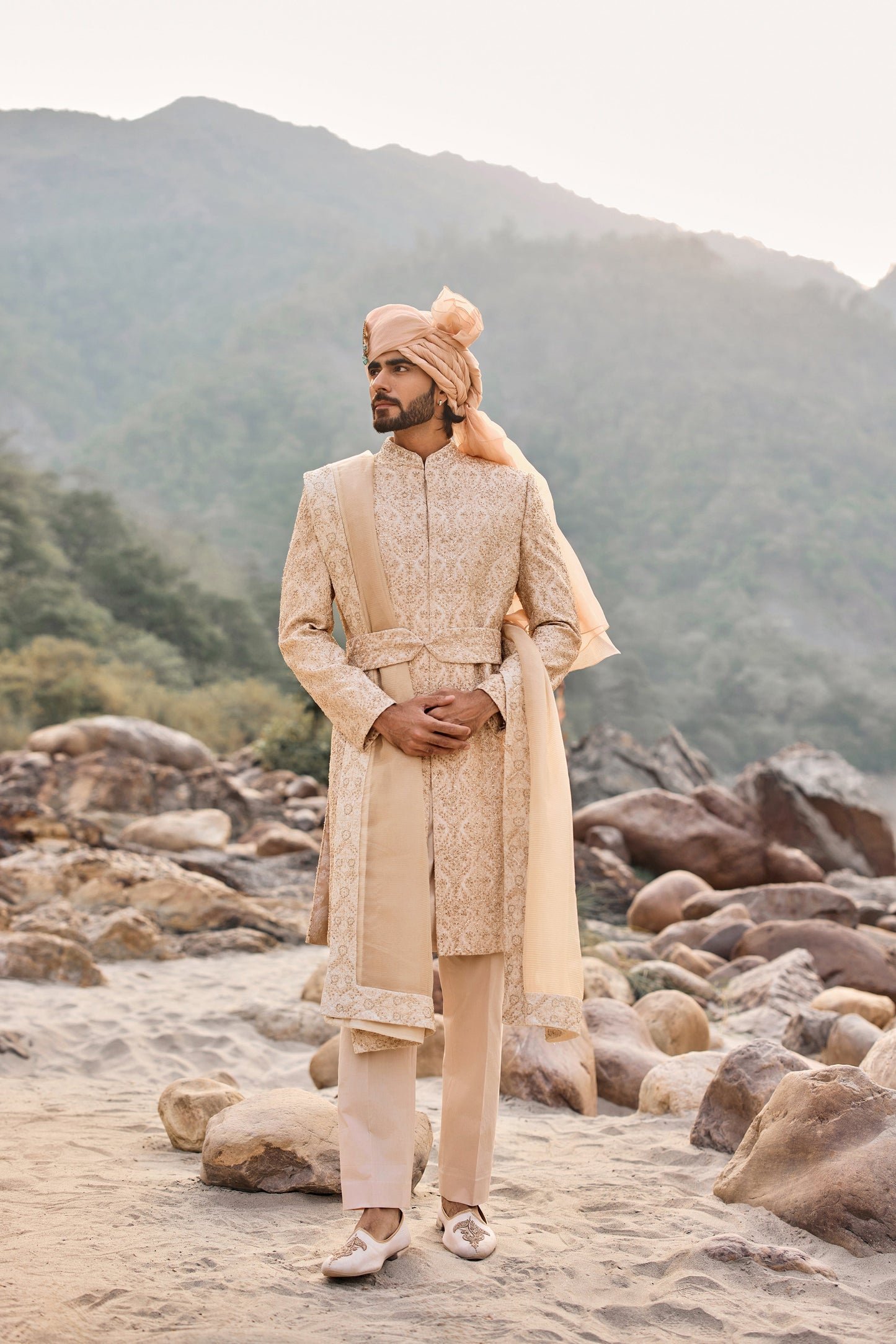 Rose Gold Zardozi Sherwani Set