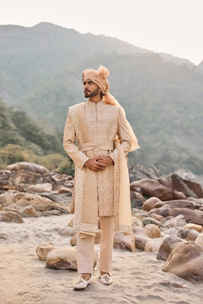 Rose Gold Zardozi Sherwani Set