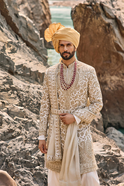 Ivory-Gold Worked Sherwani Set