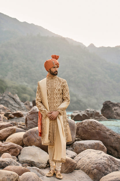 Beige Zardozi Sherwani Set