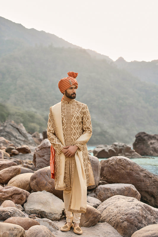 Beige Zardozi Sherwani Set