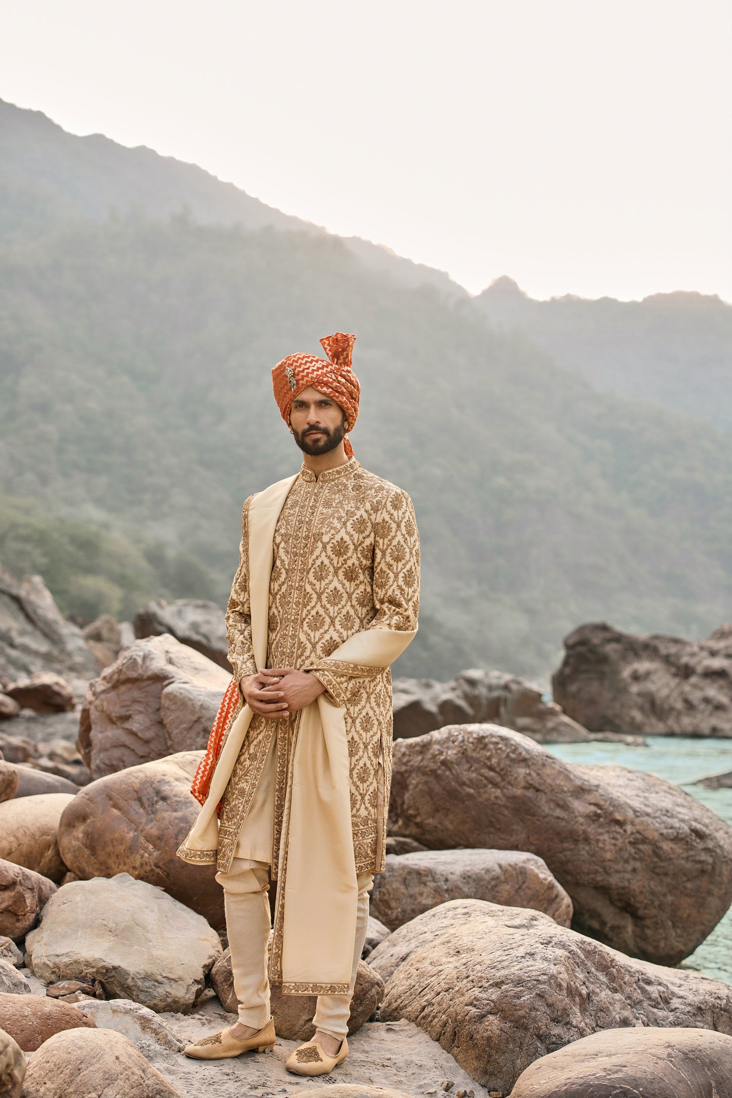 Beige Zardozi Sherwani Set