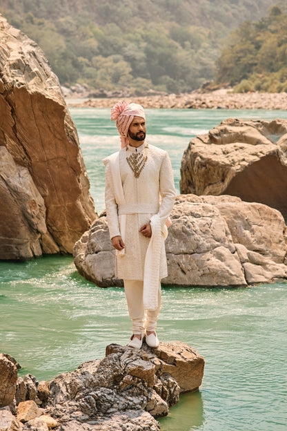 Ivory Resham Sherwani Set