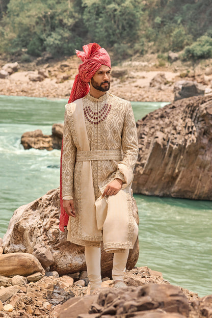 Beige Kasab Sherwani Set