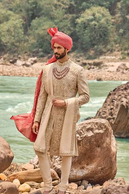Beige Kasab Sherwani Set