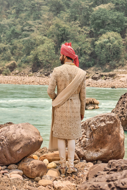 Beige Kasab Sherwani Set