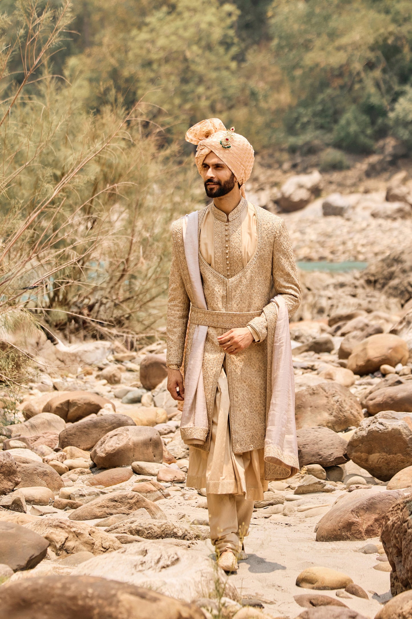 Fawn Angrakha Sherwani Set