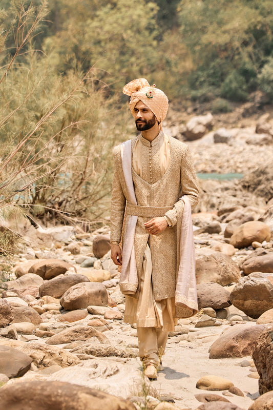 Fawn Angrakha Sherwani Set