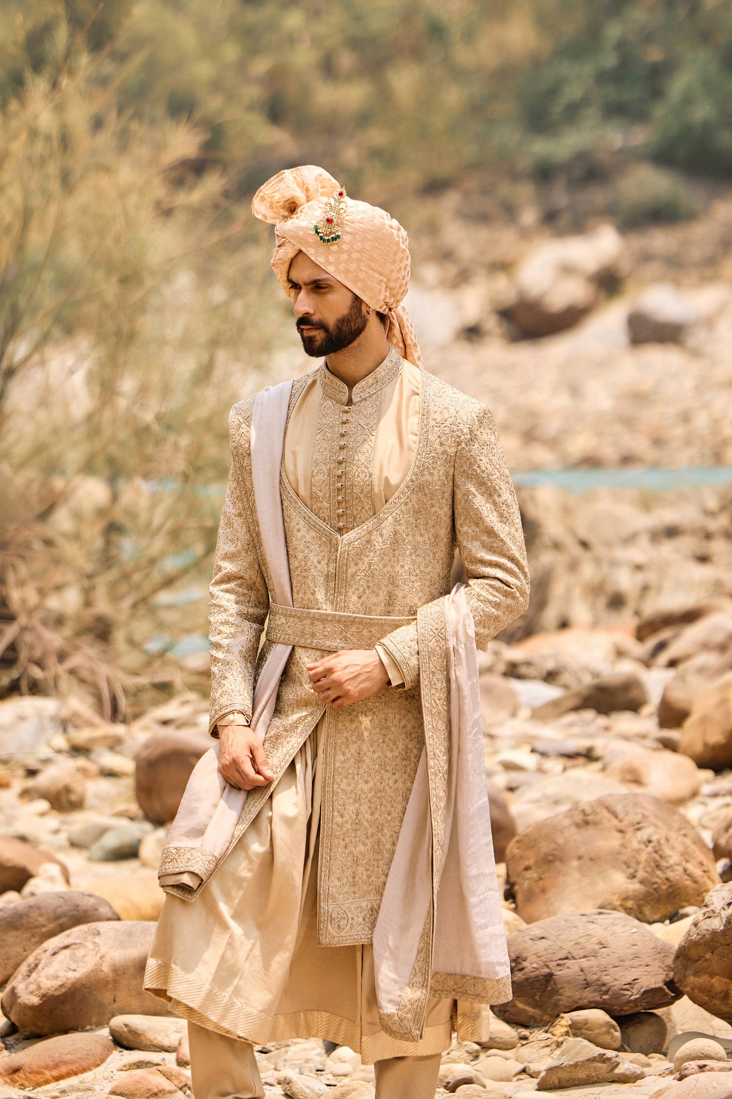 Fawn Angrakha Sherwani Set