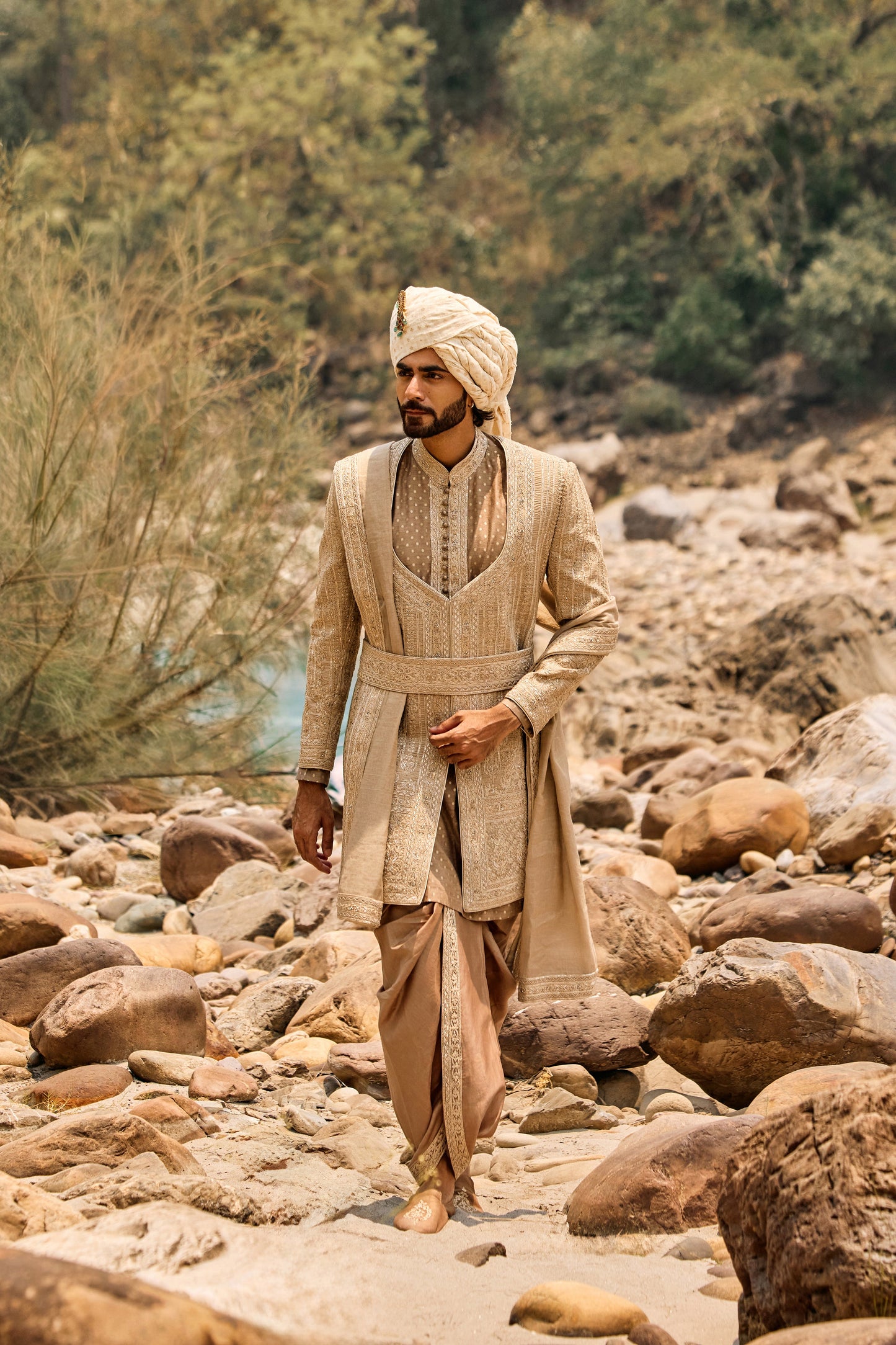 Mocha Worked Sherwani Set With Dhoti
