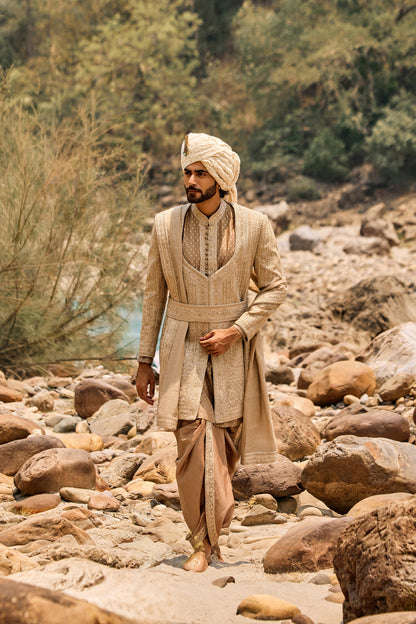 Mocha Worked Sherwani Set With Dhoti