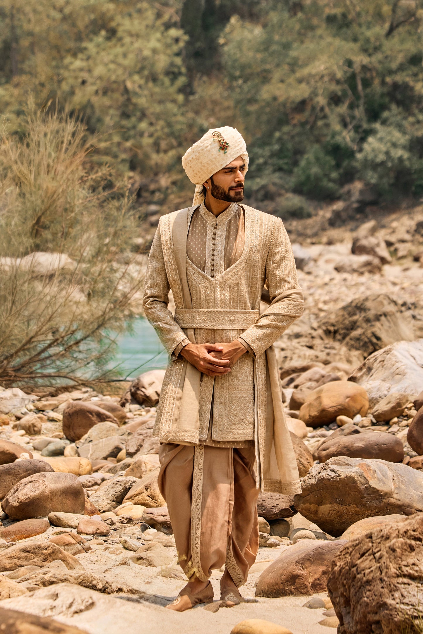 Mocha Worked Sherwani Set With Dhoti