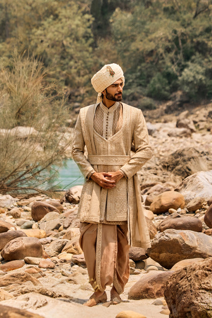 Mocha Worked Sherwani Set With Dhoti