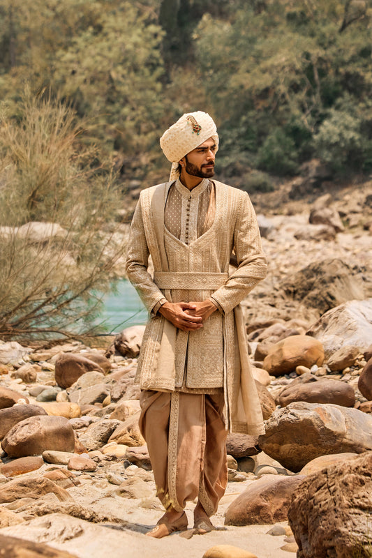 Mocha Worked Sherwani Set With Dhoti