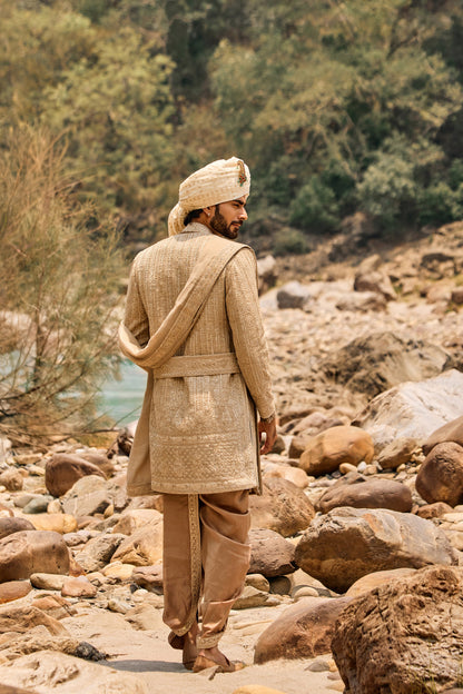 Mocha Worked Sherwani Set With Dhoti