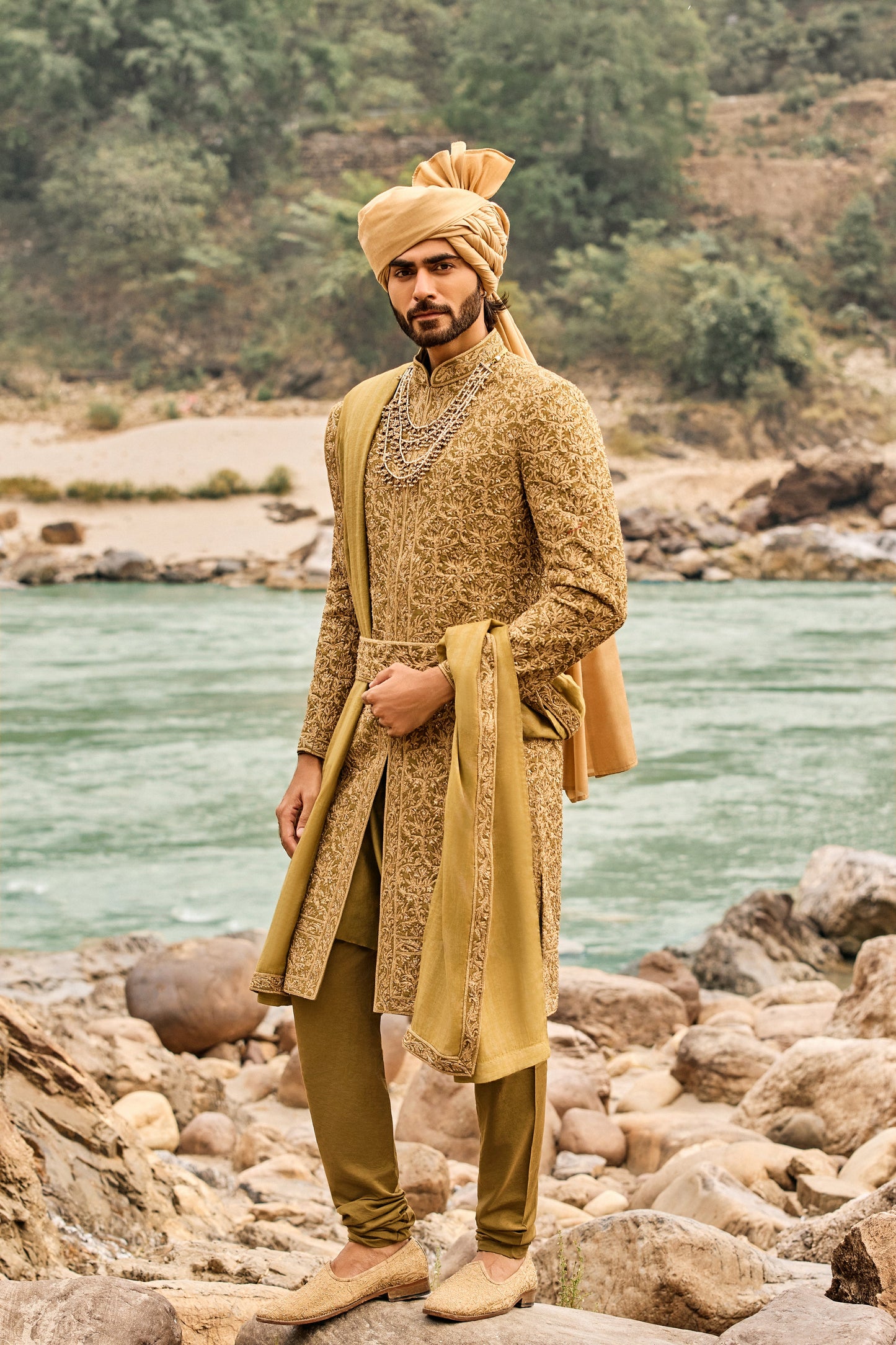 Deep Olive Heritage Sherwani Set