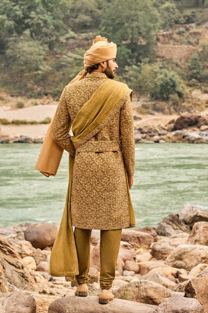Deep Olive Heritage Sherwani Set