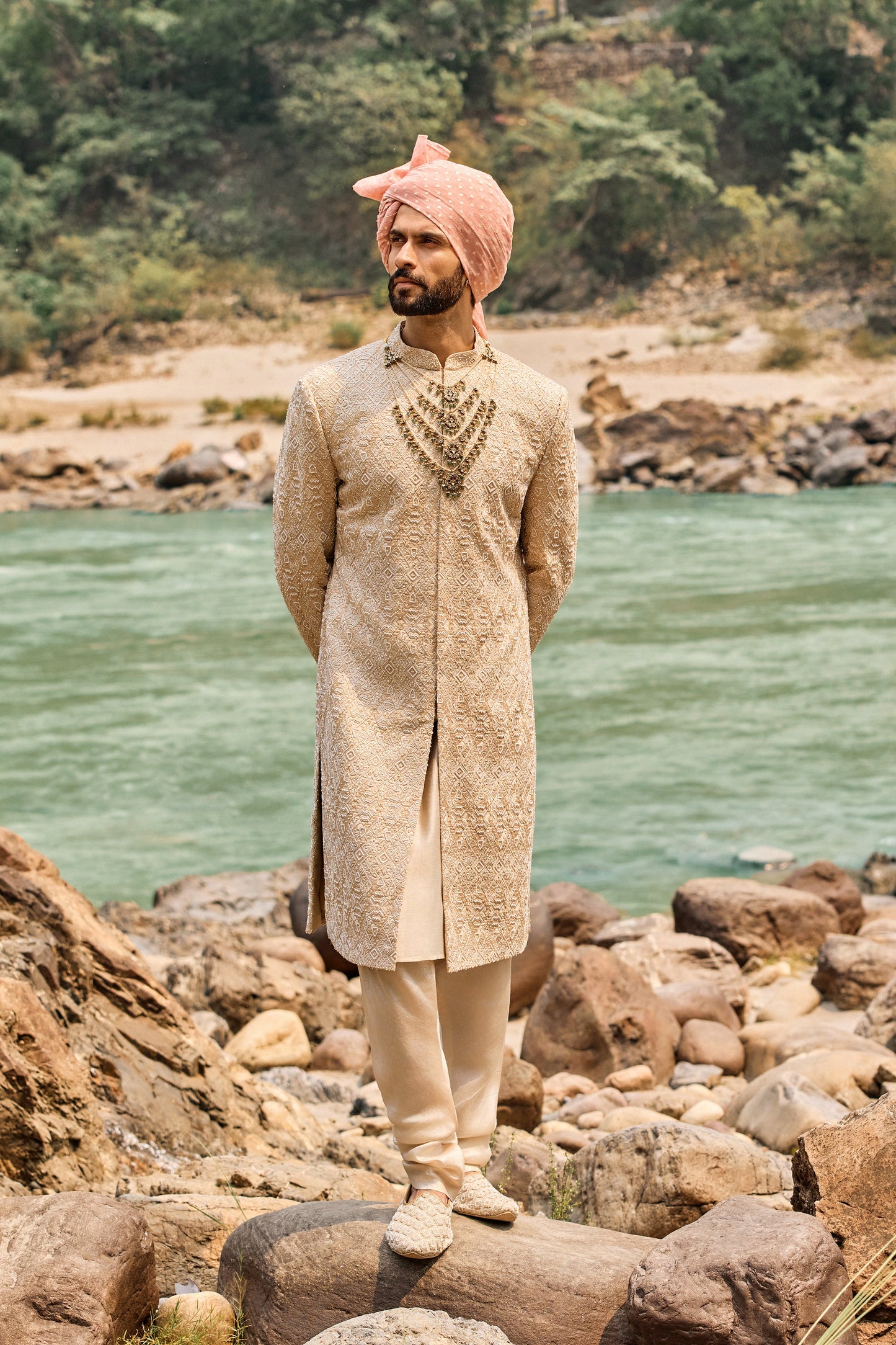 Champagne Geometric Sherwani Set
