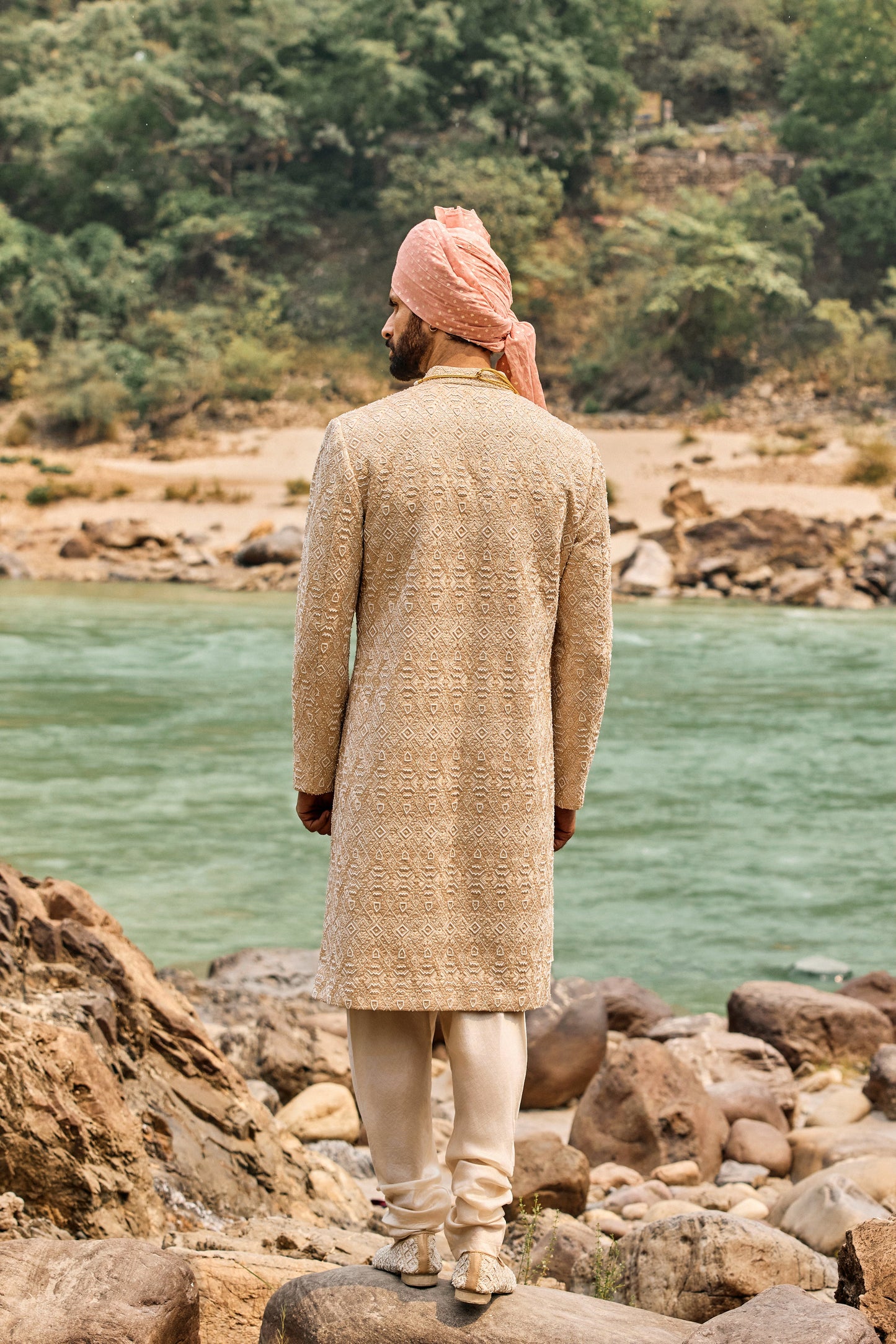 Champagne Geometric Sherwani Set