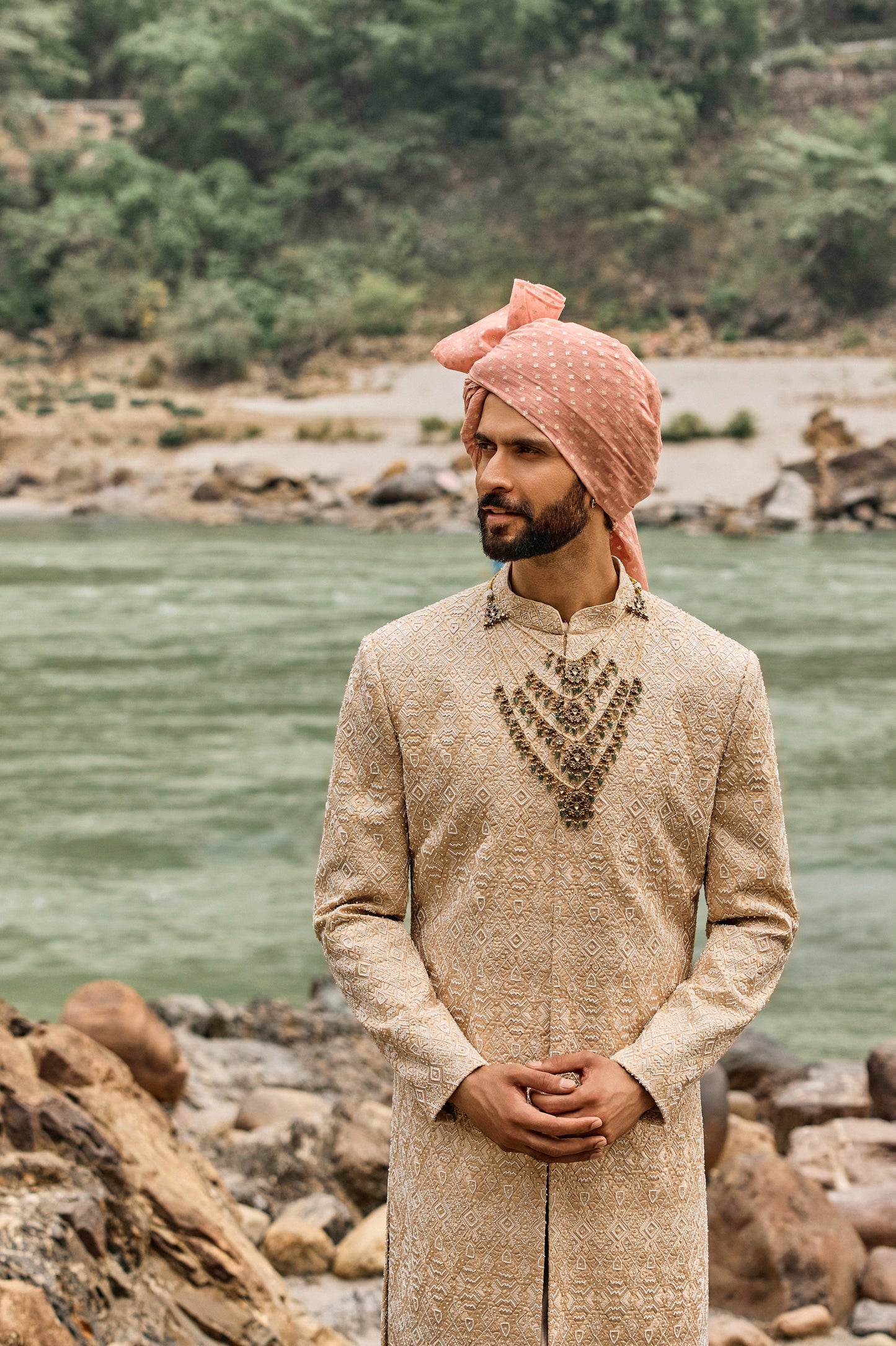 Champagne Geometric Sherwani Set