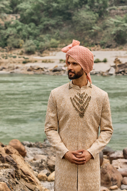 Champagne Geometric Sherwani Set