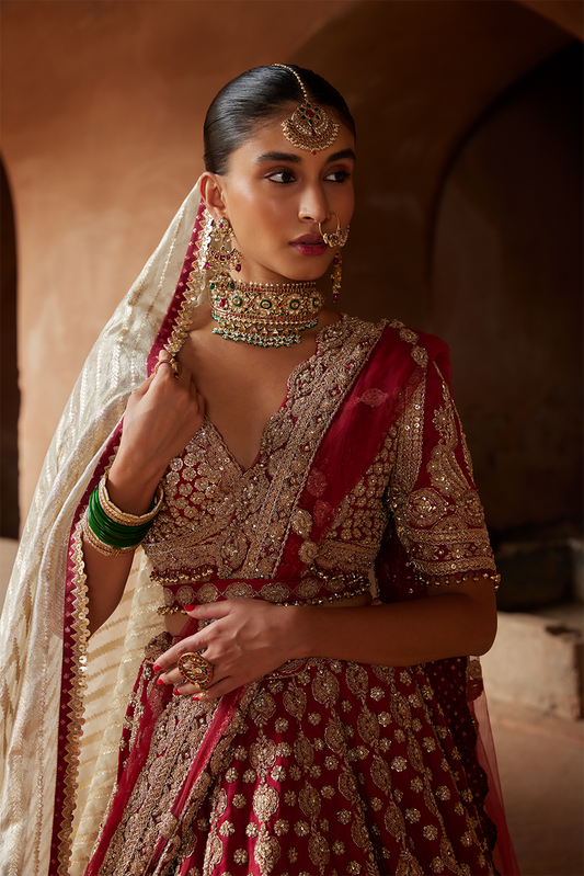 MAROON  ZARDOZI WORK RAW SILK LEHENGA CHOLI
