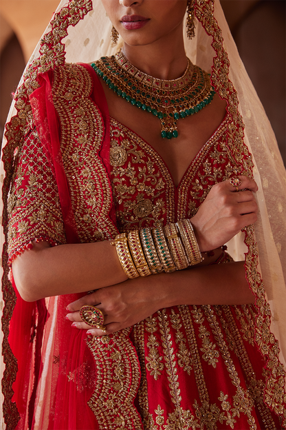 SCARLET RED RAW SILK LEHENGA CHOLI SET