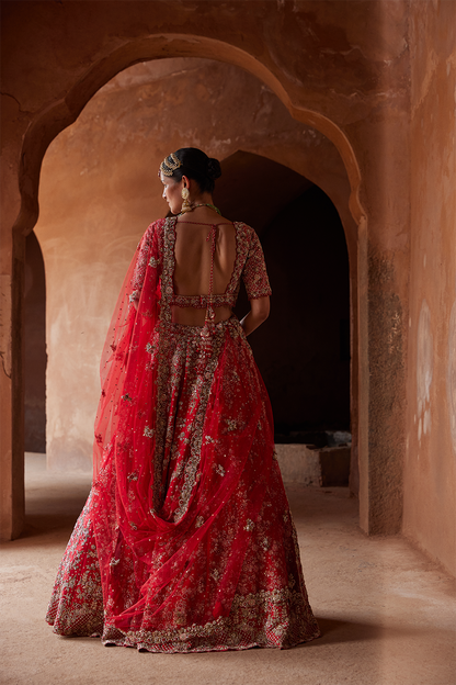 CRIMSON RED RAW SILK LEHENGA CHOLI SET