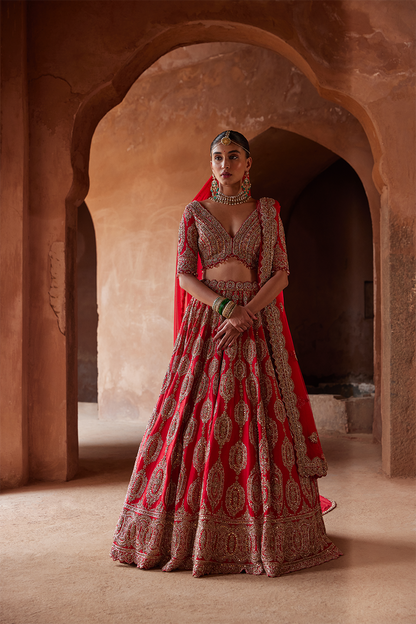 SCARLET RED RAW SILK LEHENGA CHOLI SET