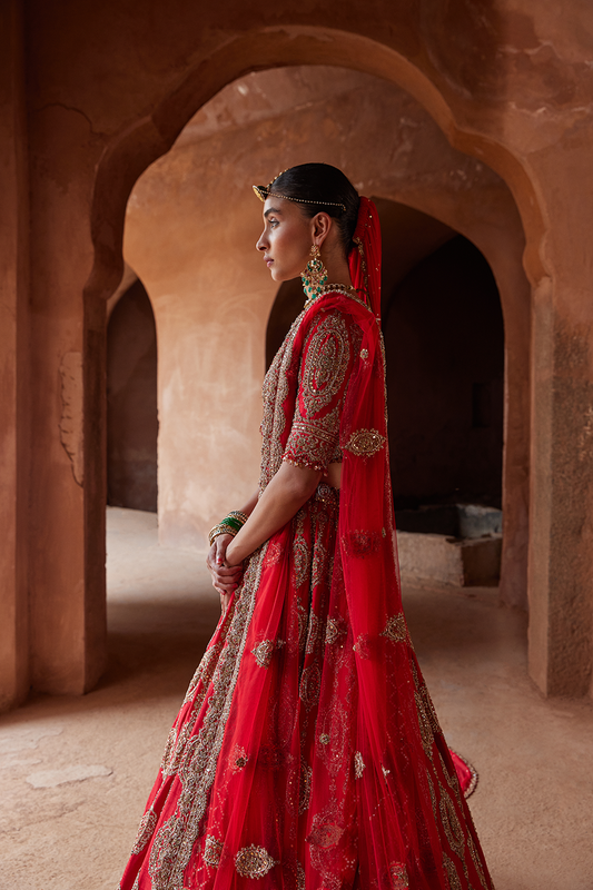 SCARLET RED RAW SILK LEHENGA CHOLI SET