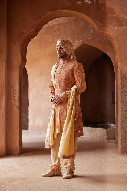 RUST MATKA SILK EMBROIDERED SHERWANI  KURTA CHURIDAR SET