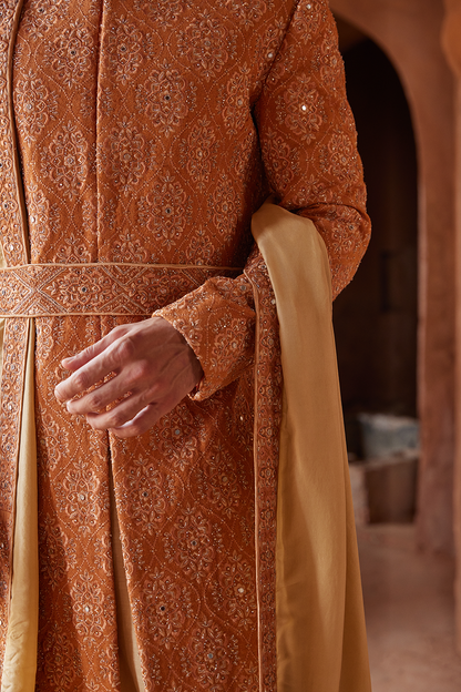 RUST MATKA SILK EMBROIDERED SHERWANI  KURTA CHURIDAR SET
