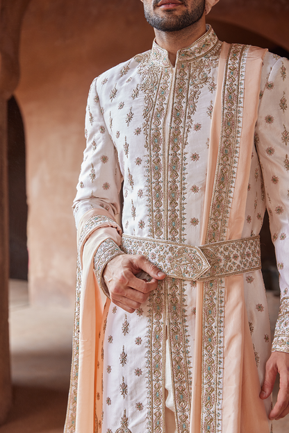 Blush Pink Tafetta Silk Embroidered Sherwani Kurta Trouser Set