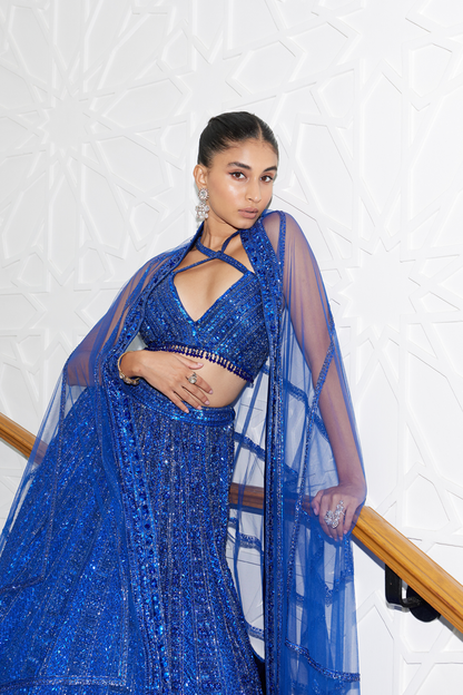 ELECTRIC BLUE NET LEHENGA CHOLI SET