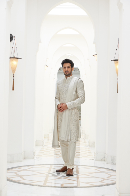 IVORY RAW SILK SHERWANI KURTA TROUSER SET
