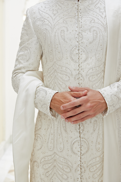IVORY RAW SILK SHERWANI KURTA TROUSER SET