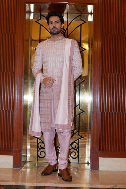 MULBERRY OMBREY DYED RAW SILK SHERWANI KURTA CHURIDAR SET