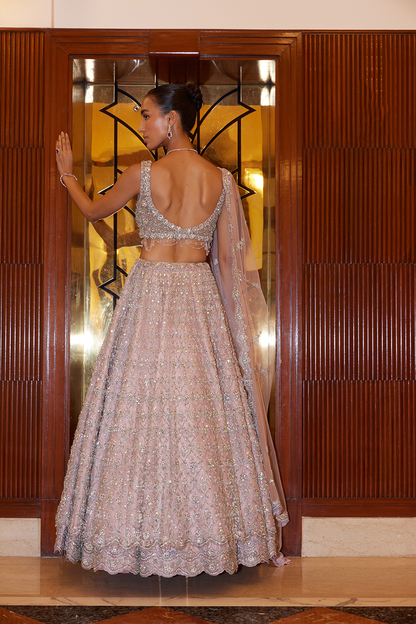 LAVENDER PINK TAFETTA LEHENGA WITH NET OVERLAYER WITH CHOLI AND DUPATTA