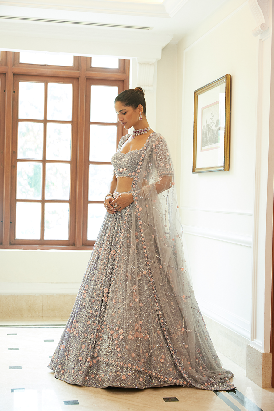 SILVER GREY NET LEHENGA CHOLI SET