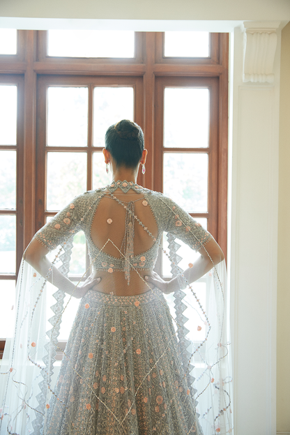 SILVER GREY NET LEHENGA CHOLI SET