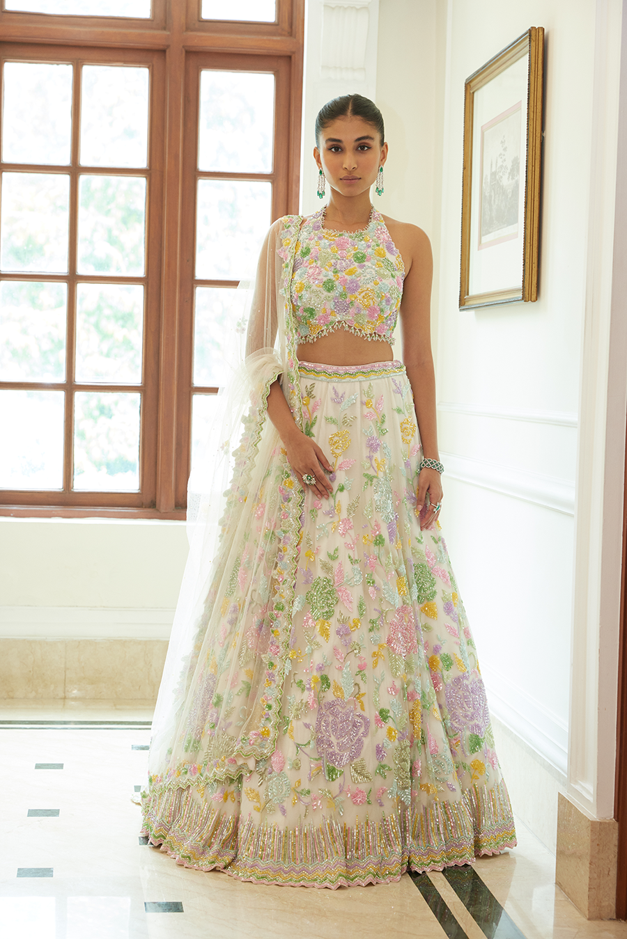 IVORY NET LEHENGA CHOLI SET