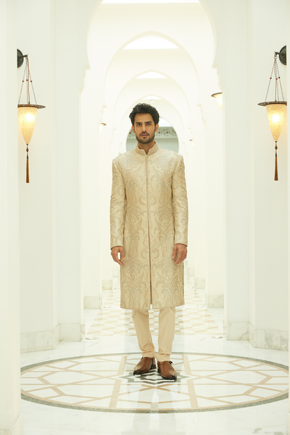 BEIGE RAW SILK SHERWANI KURTA TROUSER SET