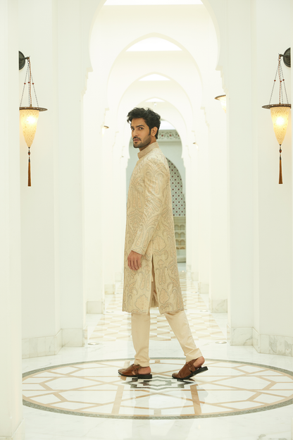 BEIGE RAW SILK SHERWANI KURTA TROUSER SET