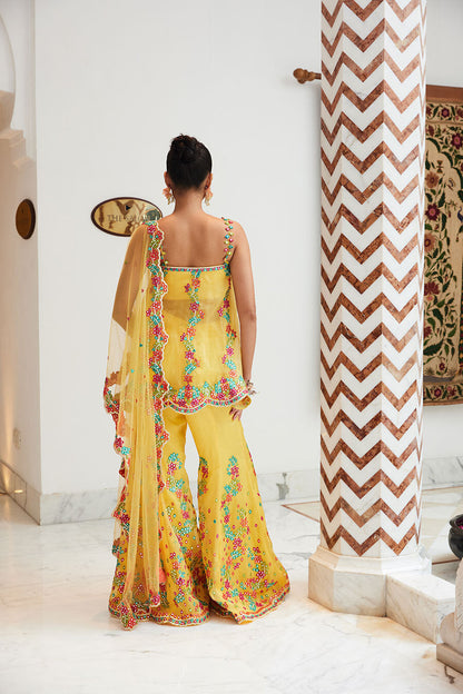 YELLOW ORGANZA PEPLUM TOP AND SHARARA