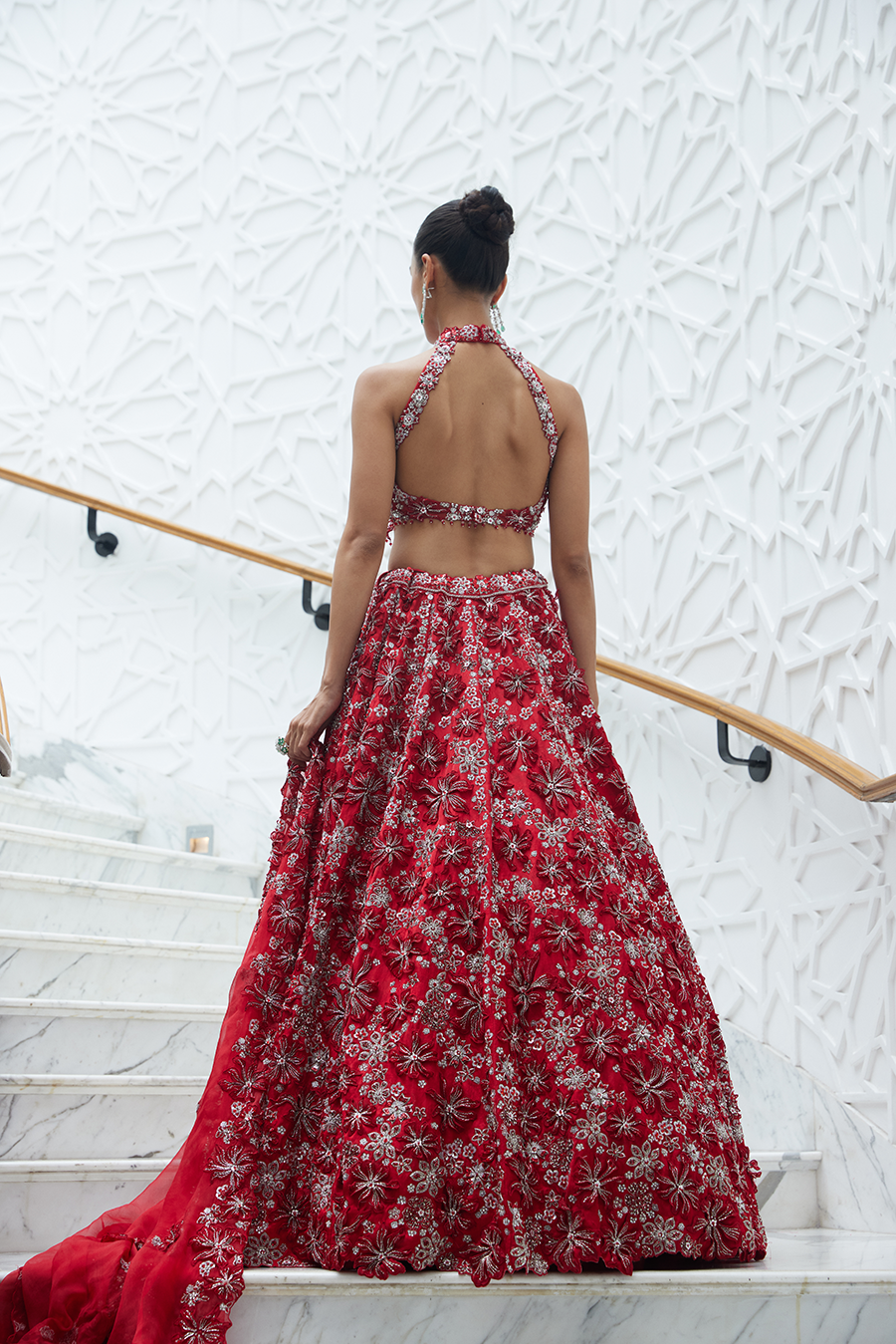 RED RAW SILK 3-D FLORAL EMBROIDERED LEHENGA SET