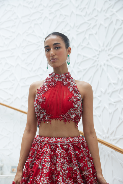 RED RAW SILK 3-D FLORAL EMBROIDERED LEHENGA SET