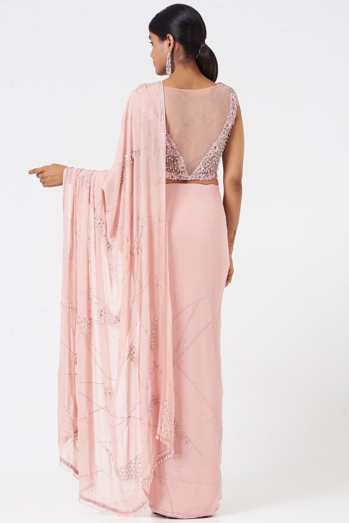 Rose Pink Georgette Saree and Tulle Blouse Set
