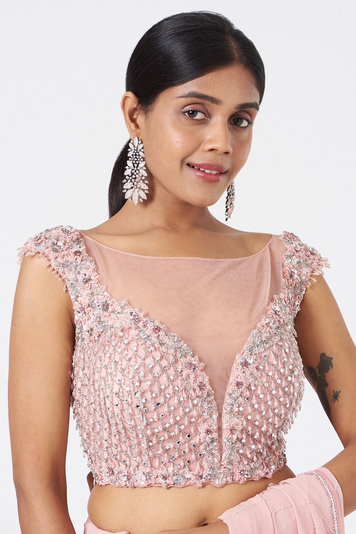 Rose Pink Georgette Saree and Tulle Blouse Set