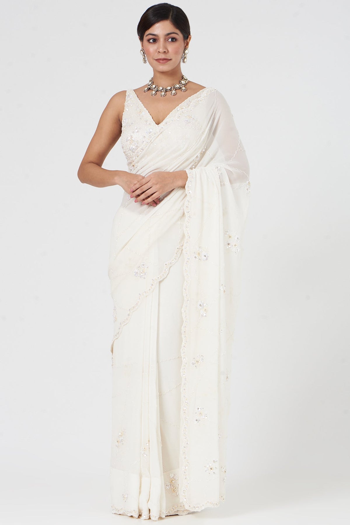 Ivory Georgette Saree Set